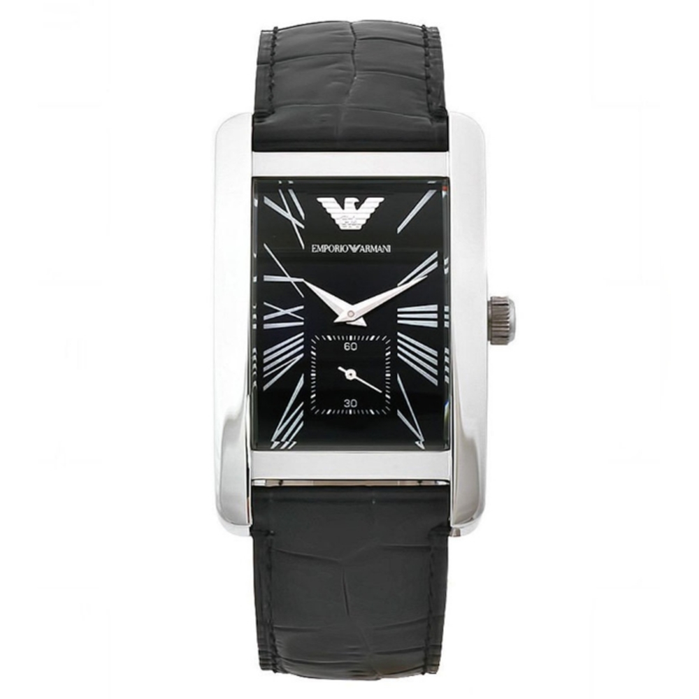 EMPORIO ARMANI AR0143 Black Dial Leather Strap Rectangular Men's Watch